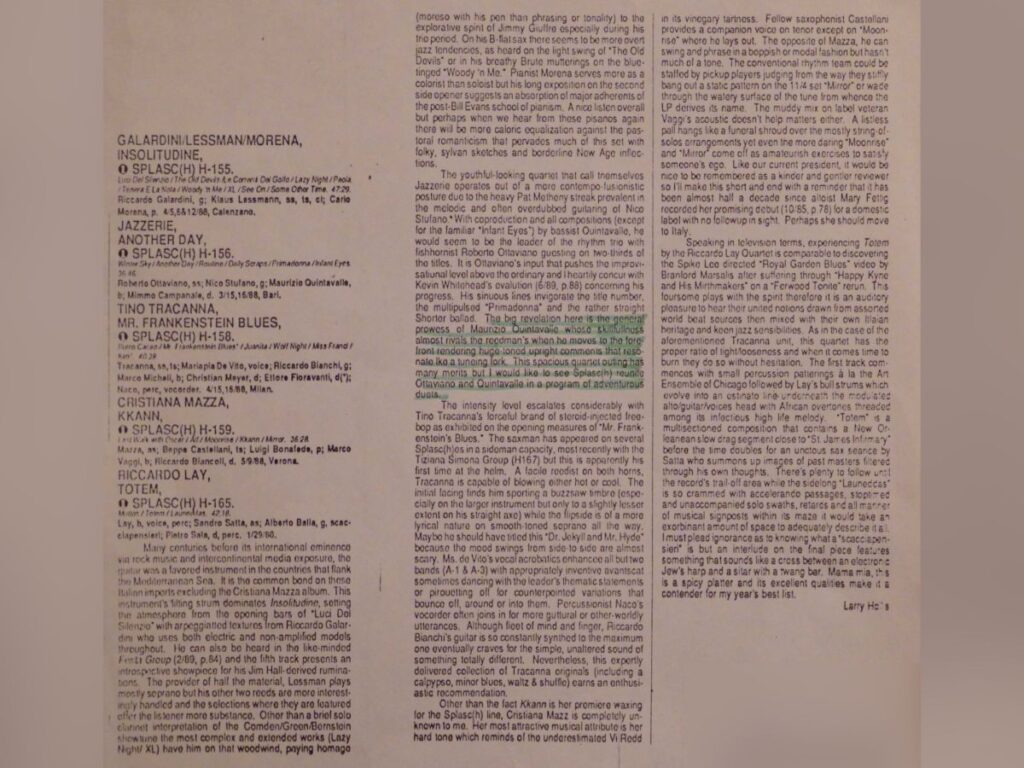 Menzione Jazzerie nella rivista canadese Cadence, 1989