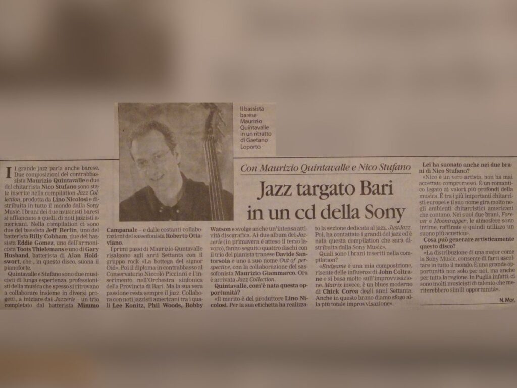 Articolo La Gazzetta del Mezzogiorno "Jazz targato Bari in un cd della Sony"